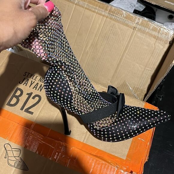 BLACK FISHNET DIAMANTE ANKLE BOOTIE WITH BOW - Picture 5 of 6